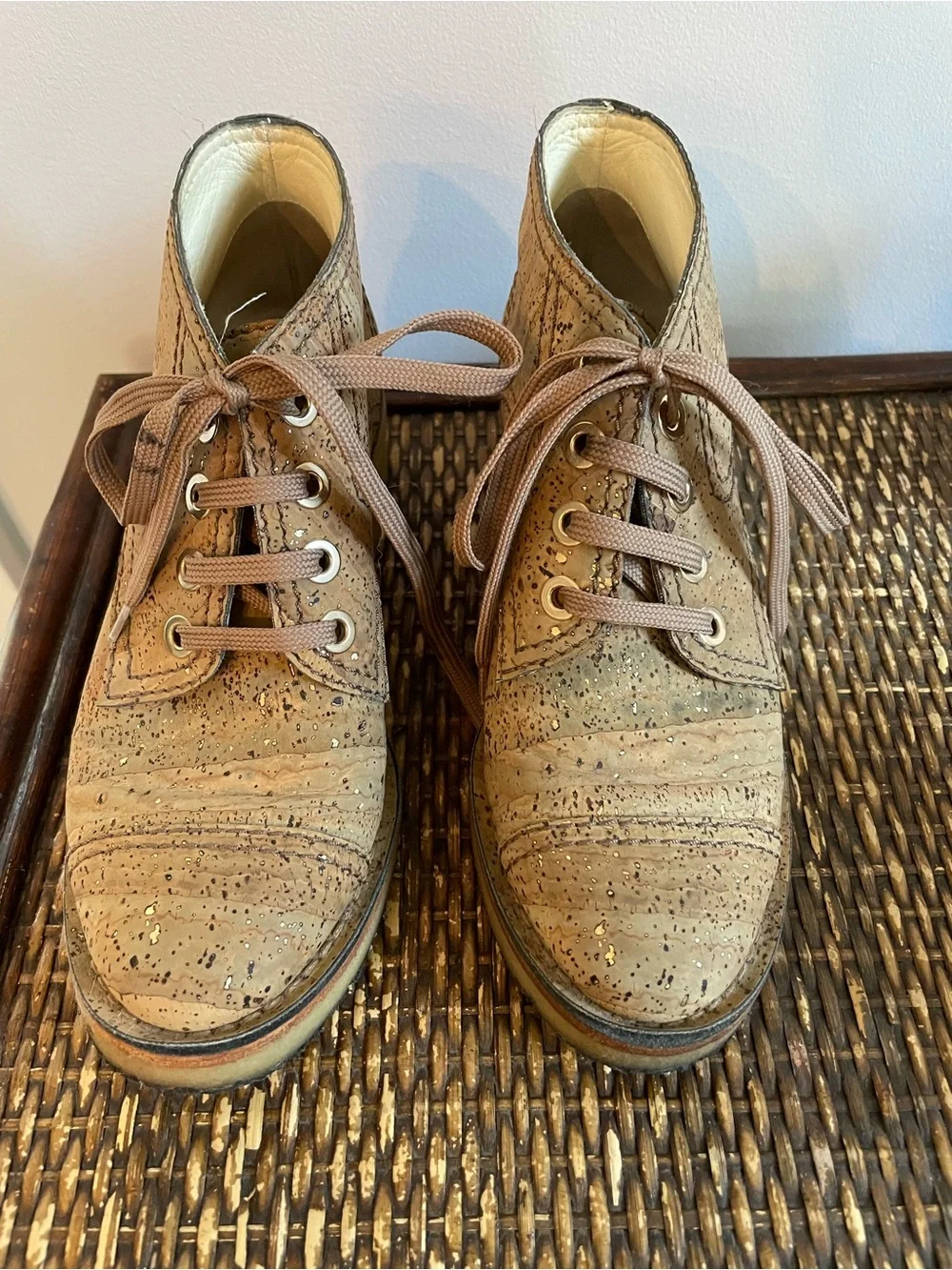 CHANEL Tan Cork Lace-Up Ankle Boots